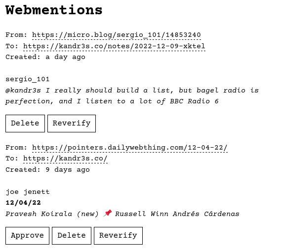GoBlog Webmentions Panel shows incoming mentions and 3 options for entry: Approve, Delete or Reverify
